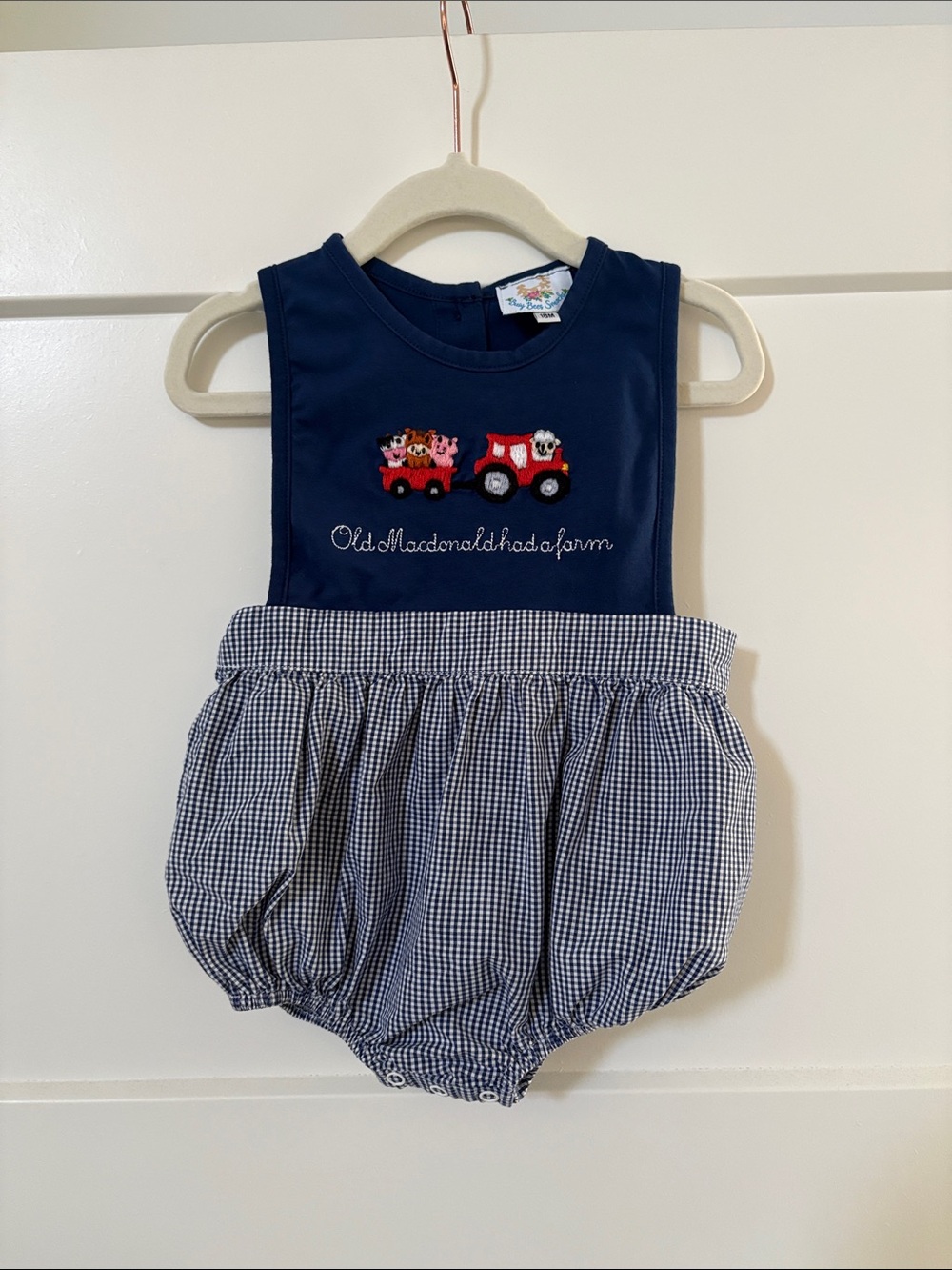 Busy Bees Smocks Navy 'Old MacDonald had a farm” Bubble Romper Baby 18 Months